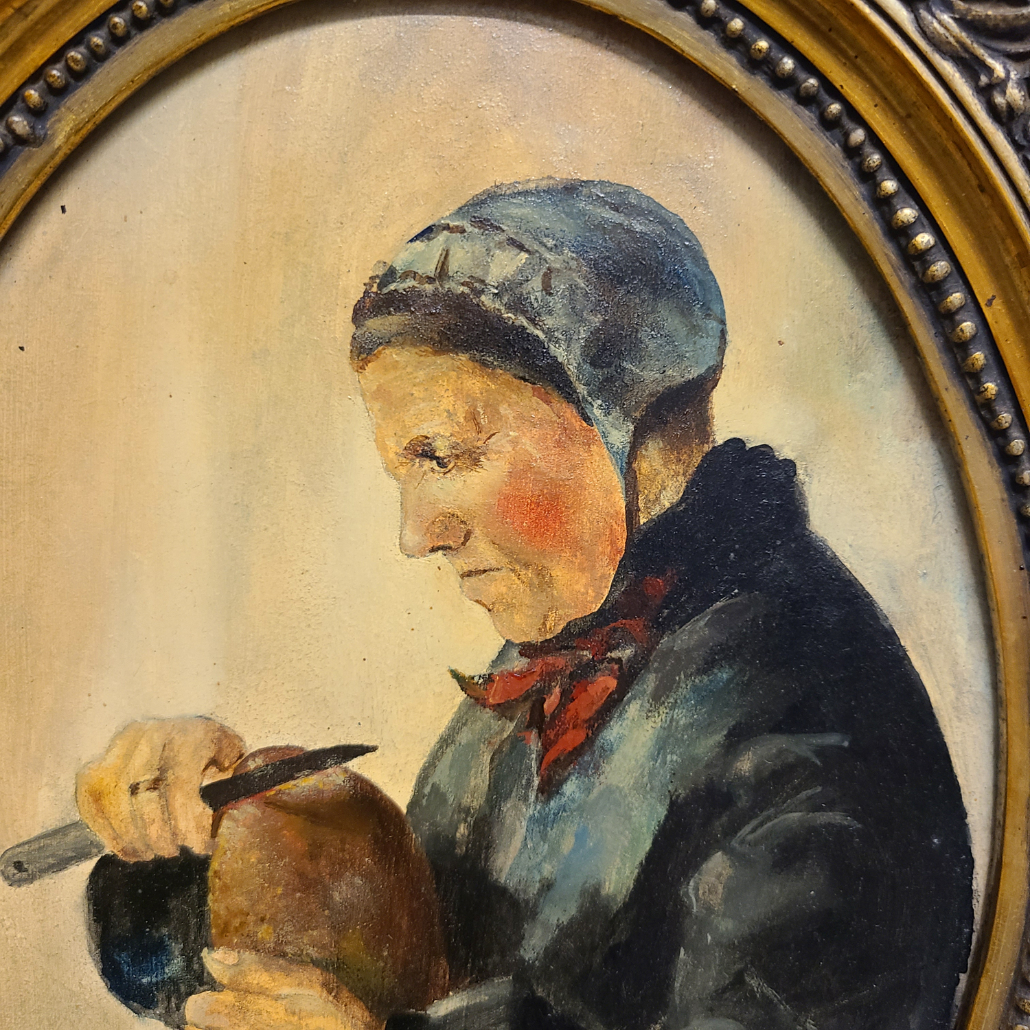 02a Ovales Gemälde. Brotschneidende Frau.